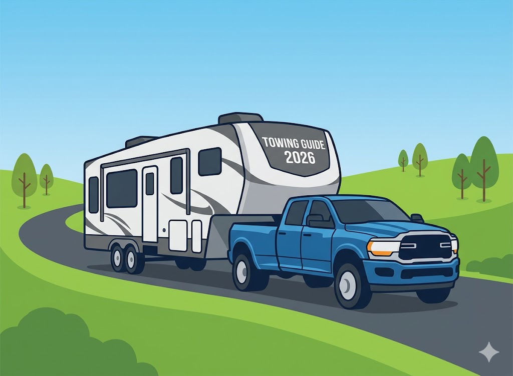 Simplified vector illustration of a modern blue heavy-duty pickup truck towing a large fifth-wheel camper trailer on a winding road through green hills under a blue sky.